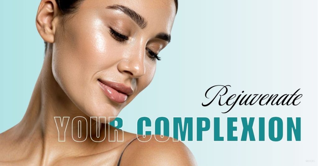 "Rejuvenate your complexion" and woman with dewy skin. (Model)