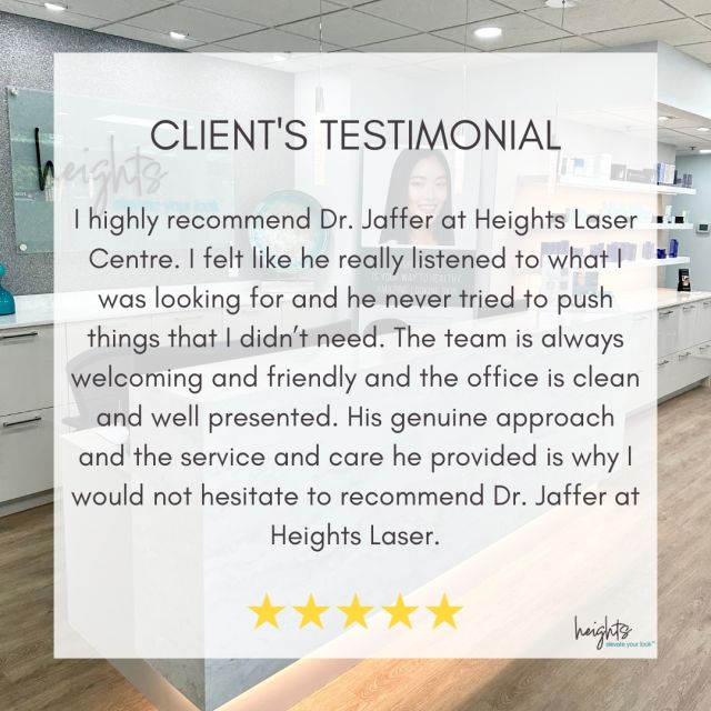 Grateful for the trust and appreciation from our valued patients to Dr. Jaffer and our team at Heights Laser Centre. Dr. Jaffer prioritizes genuine care, tailored to your needs, ensuring a welcoming environment and top-notch service!